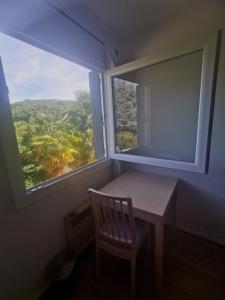 une table et une chaise dans une chambre avec fenêtre dans l'établissement Les chambres de Sophie, à Chalabre