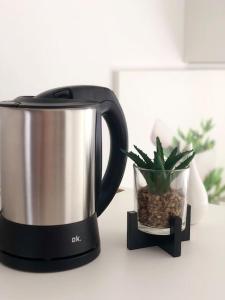 a coffee pot sitting on a counter next to a plant at Fewo Kuferzeile Gmunden seenähe in Gmunden