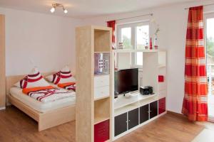 ツィノヴィッツにあるHaus vier Elemente _br_ Ferienhausのベッド1台、本棚、テレビが備わる客室です。