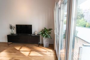 sala de estar con TV de pantalla plana y planta en Stilvolle Wohnung mit ruhig gelegenem Balkon, en Viena