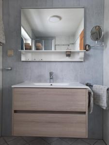 a bathroom with a sink and a mirror at Lauras Landhauspension in Medebach