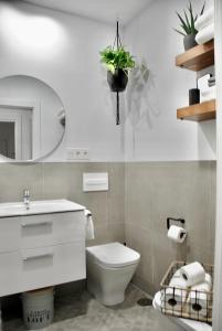 y baño con aseo, lavabo y espejo. en SANTA MARÍA APARTMENT Precioso apartamento en el centro de Granada - Parking gratuito, en Granada