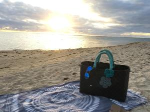 - un porte-monnaie assis sur une serviette sur la plage dans l'établissement La Preneuse sur Mer Appartement, à Rivière Noire