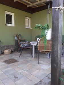 un patio avec des chaises et une table avec une plante en pot dans l'établissement Ferienbungalow Haus Rolf _ Objekt, à Papendorf