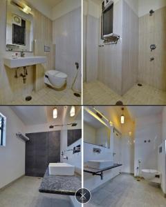 four pictures of a bathroom with a sink and a toilet at Hotel aroma classic in Jaipur