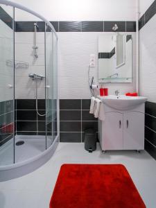 y baño con lavabo, ducha y alfombra roja. en PARKING, AC, WIFI FLAT NEXT TO ANDRASSY Ave, en Budapest