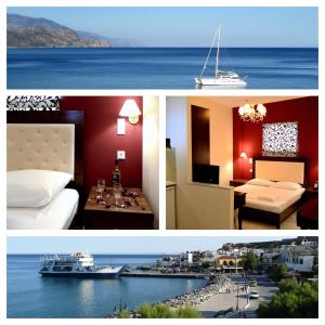 two pictures of a hotel room with a bed and a boat at Corali Studios in Palaiochora