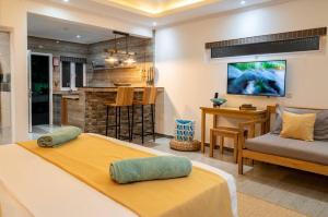 a bedroom with a bed and a living room and a kitchen at Treasure Villa in Praslin