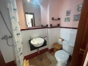 a bathroom with a sink and a toilet and a mirror at Casa De Los Baños in Cazalla de la Sierra