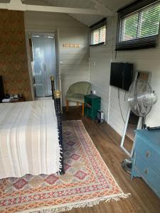 a bedroom with a bed and a fan and a tv at The Cabin in Spixworth