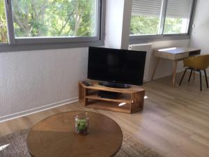 een woonkamer met een flatscreen-tv op een tafel bij Les jardins du Paradis in Marseille