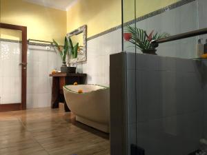 a bathroom with a bath tub and a mirror at Pondok Sawah Asri in Ubud