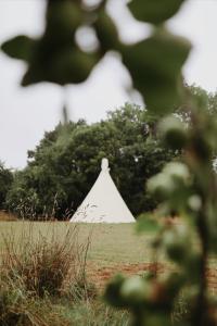 una pirámide blanca en medio de un campo en White House on Wye Glamping en Hereford