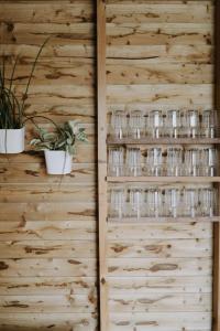 eine Holzwand mit Gläsern und Pflanzen darauf in der Unterkunft White House on Wye Glamping in Hereford