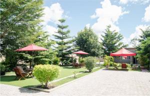 Kazungula的住宿－Kasbek Lodge & Tours，一个带红色遮阳伞和桌椅的庭院
