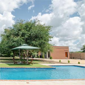 a picnic table with an umbrella next to a swimming pool at Kasbek Lodge & Tours in Kazungula