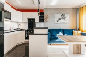 カリシュにあるNocosfera Apartament Stawiszyńskiの青いソファのあるキッチンとリビングルーム +20枚の写真