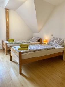 a room with two beds in a attic at Ferienhof Weber Nieratz in Wangen im Allgäu