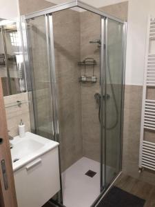 La salle de bains est pourvue d'une douche et d'un lavabo. dans l'établissement Appartamento Colomba, à Plaisance