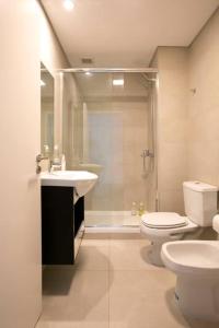 La salle de bains est pourvue de toilettes, d'un lavabo et d'une douche. dans l'établissement Departamento premium en Pilar 220, à La Lonja