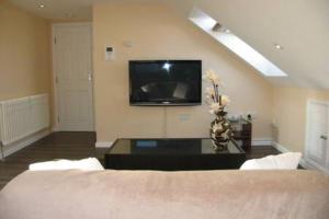 uma sala de estar com um sofá e uma televisão na parede em Modern Cosy Private Studio, WIFI, IP-TV, Must See em Romford