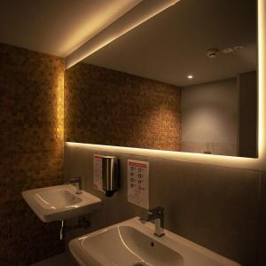 a bathroom with a sink and a mirror at Abton Hotel in Łódź