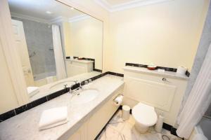 a bathroom with a toilet and a sink and a mirror at Butler Arms Hotel in Waterville