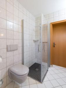 uma casa de banho com um WC e um chuveiro em Ferienwohnung Auszeit em Losheim