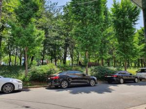 drie auto's geparkeerd aan de kant van een straat bij Dalseogu Resting Place in Daegu