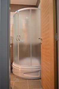 y baño con ducha y puerta de cristal. en Garni Hotel Lion, en Jagodina