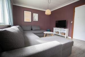 a living room with a couch and a tv at Jotunheim / Aparthotel / Family Friendly in Miðvágur