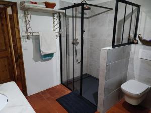 La salle de bains est pourvue d'une douche et de toilettes. dans l'établissement Le Ptit Cottage, à Nyons