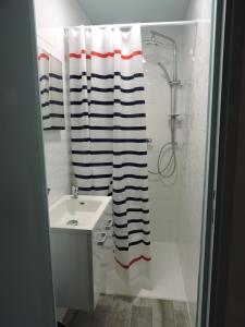 un bagno bianco con lavandino e doccia di La Bouee, entre Manche et Seine a Saint-Nicolas-de-la-Haie Altre 7 foto