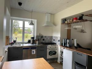uma cozinha com um lavatório e um fogão forno superior em Mikka Accommodation em Pihlaspea