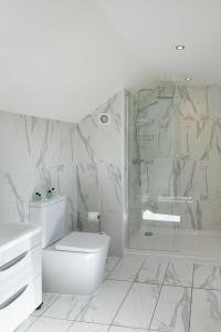a white bathroom with a toilet and a shower at Luss Cottages at Glenview in Luss