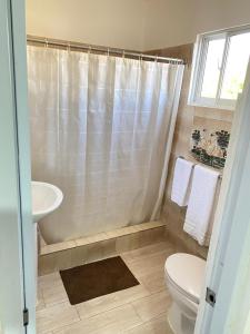 a bathroom with a toilet and a sink and a shower at La gran Mansion in Santo Domingo