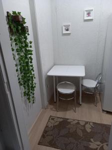 ein weißer Tisch, zwei Stühle und eine Pflanze in der Unterkunft FLAT LOCAÇÃO TEMPORADA NO CENTRO DE ITAPIRA in Itapira