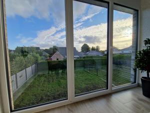 ein großes Fenster mit Blick auf eine Kuh im Freien in der Unterkunft Apartment nahe Meyer Werft in Ostfriesland mit Küche & Netflix in Westoverledingen