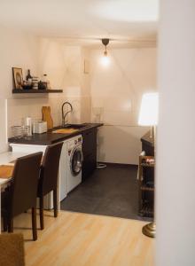 kuchnia z kuchenką i pralką w obiekcie Ruhiges Apartment mit großem Balkon und Stellplatz w Lipsku