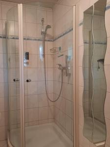 ein Bad mit einer Dusche und einer Badewanne in der Unterkunft Lauras Landhauspension in Medebach