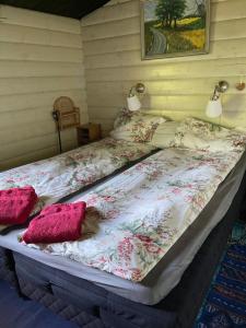 een bed in een kamer met twee kussens erop bij Norsk bjælkehytte med fibernet in Slagelse