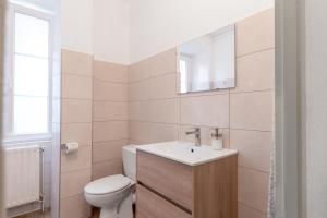 La salle de bains blanche est pourvue d'un lavabo et de toilettes. dans l'établissement Travel Homes - Le Carls: agréable, mignon, moderne, à Mulhouse