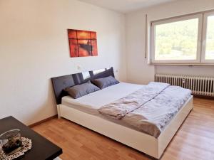 a bedroom with a large white bed with a window at Seestudio mit toller Aussicht am Bodensee in Bodman-Ludwigshafen