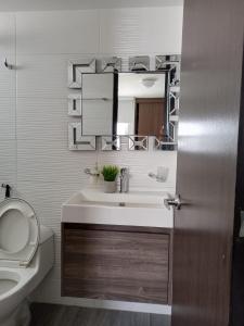 a bathroom with a sink and a toilet and a mirror at Hermoso apartamento con zona social in Los Patios