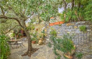 a stone wall with a tree and a table and chairs at Cozy Home In Recco With House Sea View in Recco +6 photos