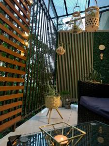 un patio con una mesa y algunas macetas en Maya Apartment en Cluj-Napoca