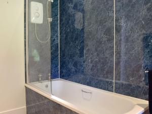 a bathroom with a shower and a bath tub with a glass door at The Garden Suite in Oathlaw