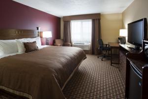 una camera d'albergo con un grande letto e una scrivania di GrandStay Inn & Suites of Luverne a Luverne