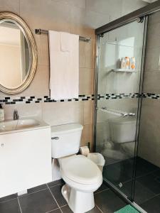 a bathroom with a toilet and a shower at Aruba Bliss Condos in Oranjestad