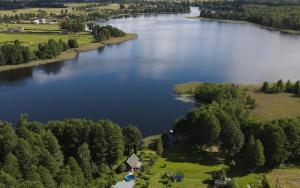 uma vista aérea de um lago com casas e árvores em Viešnagė pas Valentiną em Sužionys